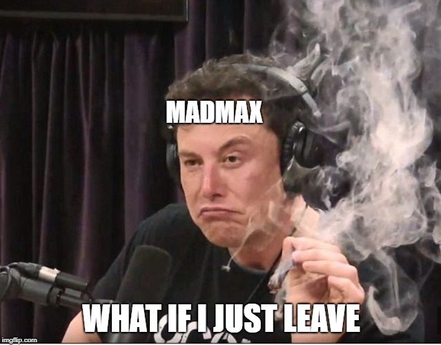 Elon Musk smoking a joint | MADMAX; WHAT IF I JUST LEAVE | image tagged in elon musk smoking a joint | made w/ Imgflip meme maker