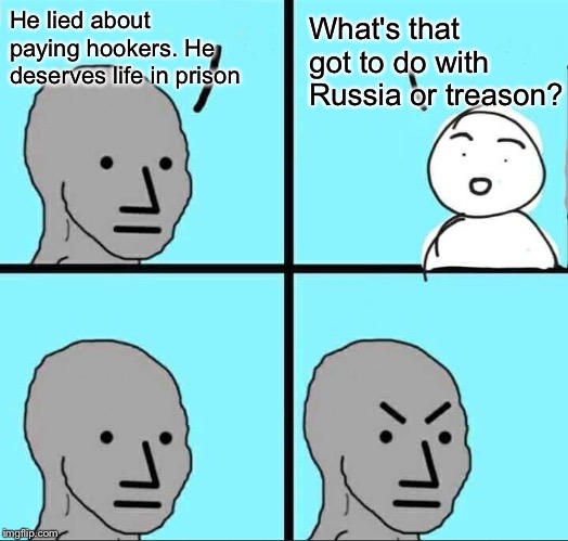 NPC Meme | He lied about paying hookers. He deserves life in prison What's that got to do with Russia or treason? | image tagged in npc meme | made w/ Imgflip meme maker