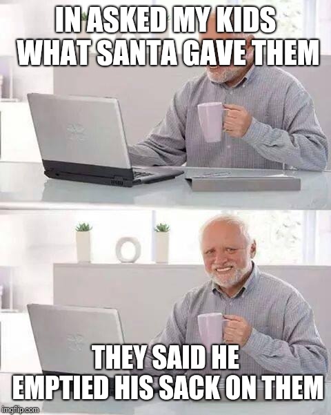 Only as dirty as you make it! | IN ASKED MY KIDS WHAT SANTA GAVE THEM; THEY SAID HE EMPTIED HIS SACK ON THEM | image tagged in memes,hide the pain harold | made w/ Imgflip meme maker