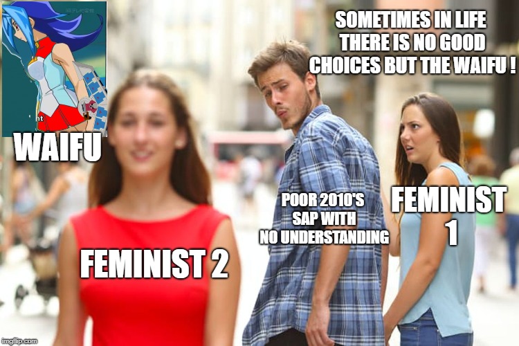 Waifu Choice | SOMETIMES IN LIFE THERE IS NO GOOD CHOICES BUT THE WAIFU ! WAIFU; FEMINIST 1; POOR 2010'S SAP WITH NO UNDERSTANDING; FEMINIST 2 | image tagged in memes,distracted boyfriend | made w/ Imgflip meme maker