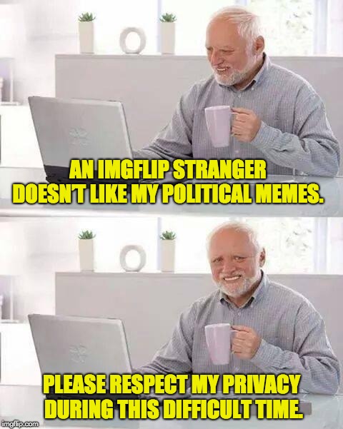 Hide the Pain Harold Meme | AN IMGFLIP STRANGER DOESN’T LIKE MY POLITICAL MEMES. PLEASE RESPECT MY PRIVACY DURING THIS DIFFICULT TIME. | image tagged in memes,hide the pain harold | made w/ Imgflip meme maker