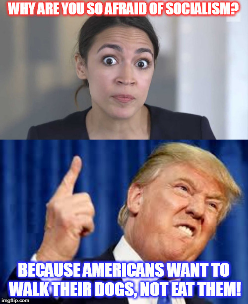 Socialism Sucks | WHY ARE YOU SO AFRAID OF SOCIALISM? BECAUSE AMERICANS WANT TO WALK THEIR DOGS, NOT EAT THEM! | image tagged in crazy alexandria ocasio-cortez,donald trump,maga | made w/ Imgflip meme maker