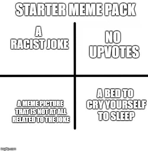 Blank Starter Pack | STARTER MEME PACK; NO UPVOTES; A RACIST JOKE; A MEME PICTURE THAT IS NOT AT ALL RELATED TO THE JOKE; A BED TO CRY YOURSELF TO SLEEP | image tagged in memes,blank starter pack | made w/ Imgflip meme maker
