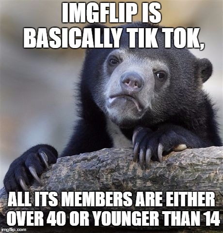 Confession Bear | IMGFLIP IS BASICALLY TIK TOK, ALL ITS MEMBERS ARE EITHER OVER 40 OR YOUNGER THAN 14 | image tagged in memes,confession bear | made w/ Imgflip meme maker