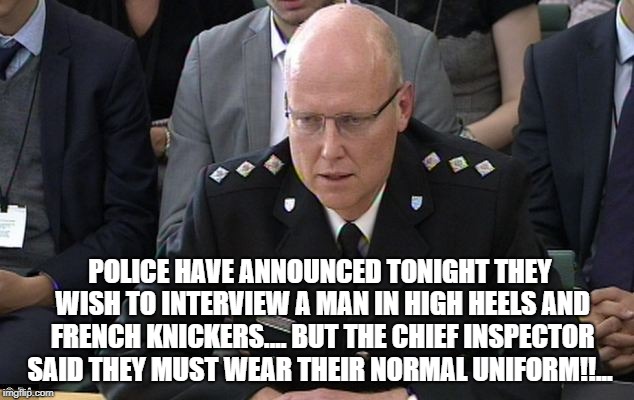 POLICE HAVE ANNOUNCED TONIGHT THEY WISH TO INTERVIEW A MAN IN HIGH HEELS AND FRENCH KNICKERS.... BUT THE CHIEF INSPECTOR SAID THEY MUST WEAR THEIR NORMAL UNIFORM!!... | image tagged in police state | made w/ Imgflip meme maker