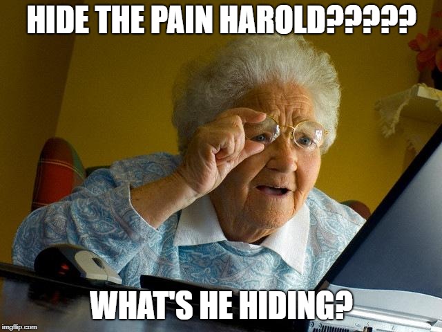 EVERYTHING GRANNY | HIDE THE PAIN HAROLD????? WHAT'S HE HIDING? | image tagged in memes,grandma finds the internet | made w/ Imgflip meme maker