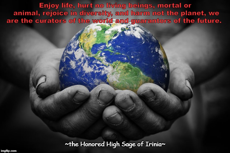 Enjoy life,
hurt no living beings, mortal or animal, rejoice in diversity, and harm not the planet,
we are the curators of the world and guarantors of the future. ~the Honored High Sage of Irinia~ | image tagged in peace,earth,animals,environment | made w/ Imgflip meme maker