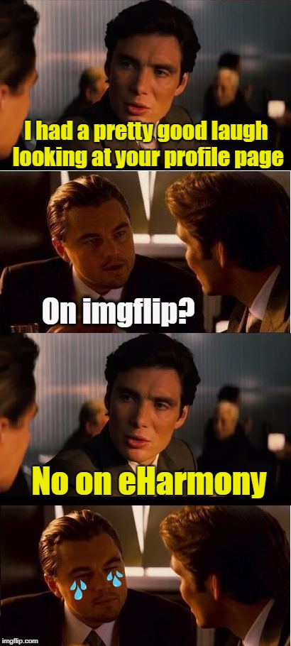 Long walks on the beach | I had a pretty good laugh looking at your profile page; On imgflip? No on eHarmony | image tagged in funny memes,inception,eharmony,dating,lonely man | made w/ Imgflip meme maker