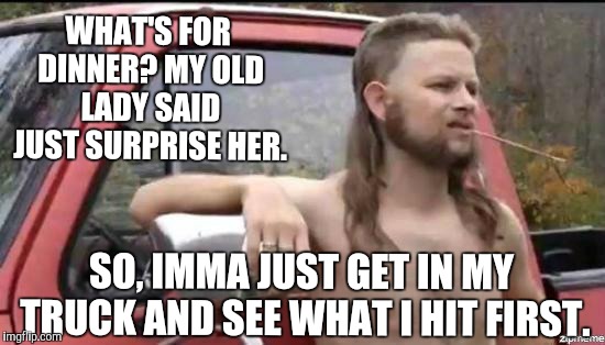 almost politically correct redneck | WHAT'S FOR DINNER? MY OLD LADY SAID JUST SURPRISE HER. SO, IMMA JUST GET IN MY TRUCK AND SEE WHAT I HIT FIRST. | image tagged in almost politically correct redneck | made w/ Imgflip meme maker