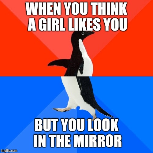 Socially Awesome Awkward Penguin Meme | WHEN YOU THINK A GIRL LIKES YOU; BUT YOU LOOK IN THE MIRROR | image tagged in memes,socially awesome awkward penguin | made w/ Imgflip meme maker