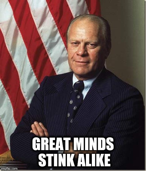 Confident Gerald Ford | GREAT MINDS STINK ALIKE | image tagged in confident gerald ford | made w/ Imgflip meme maker