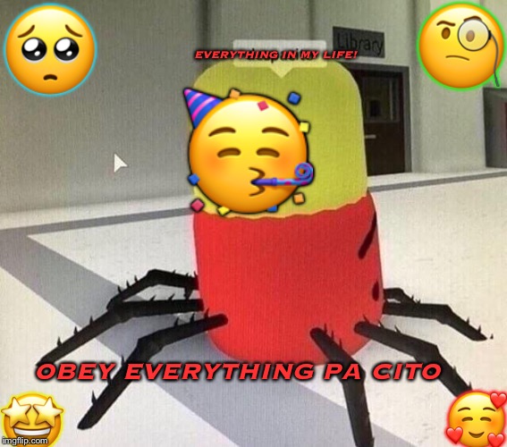 Despacito spider | 🧐; 🥺; EVERYTHING IN MY LIFE! 🥳; OBEY EVERYTHING PA CITO; 🥰; 🤩 | image tagged in despacito spider | made w/ Imgflip meme maker