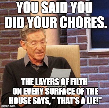 Maury Lie Detector | YOU SAID YOU DID YOUR CHORES. THE LAYERS OF FILTH ON EVERY SURFACE OF THE HOUSE SAYS, " THAT'S A LIE!" | image tagged in memes,maury lie detector | made w/ Imgflip meme maker