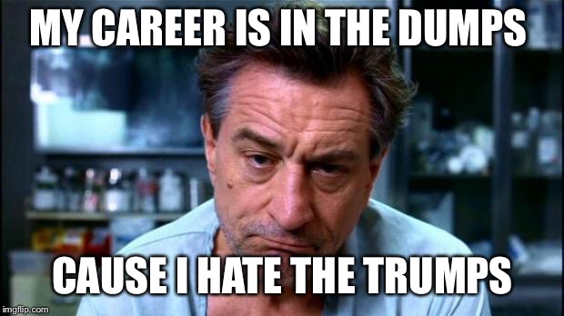 robert de niro | MY CAREER IS IN THE DUMPS; CAUSE I HATE THE TRUMPS | image tagged in robert de niro | made w/ Imgflip meme maker