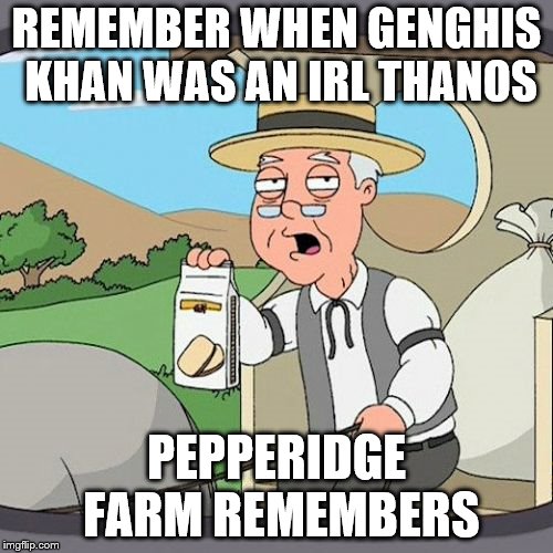 Pepperidge Farm Remembers | REMEMBER WHEN GENGHIS KHAN WAS AN IRL THANOS; PEPPERIDGE FARM REMEMBERS | image tagged in memes,pepperidge farm remembers | made w/ Imgflip meme maker