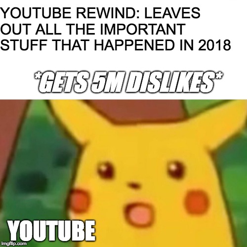 I wonder how that happened
 | YOUTUBE REWIND: LEAVES OUT ALL THE IMPORTANT STUFF THAT HAPPENED IN 2018; *GETS 5M DISLIKES*; YOUTUBE | image tagged in memes,surprised pikachu,youtube,youtube rewind,pewdiepie | made w/ Imgflip meme maker