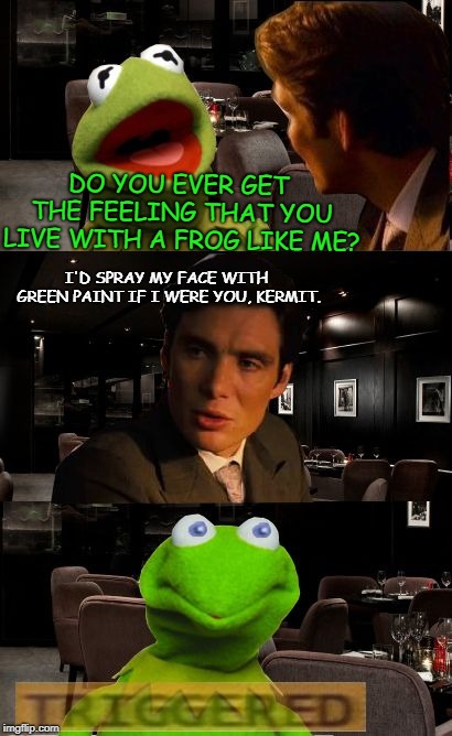 Kermit Triggered | DO YOU EVER GET THE FEELING THAT YOU LIVE WITH A FROG LIKE ME? I'D SPRAY MY FACE WITH GREEN PAINT IF I WERE YOU, KERMIT. | image tagged in kermit triggered | made w/ Imgflip meme maker