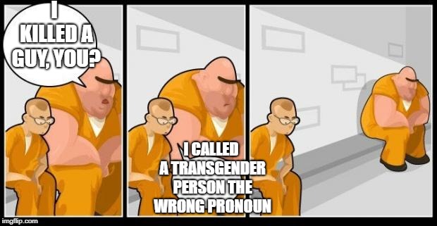 Oh the horror!!! | I KILLED A GUY, YOU? I CALLED A TRANSGENDER PERSON THE WRONG PRONOUN | image tagged in i killed a man and you,transgender,sjws | made w/ Imgflip meme maker