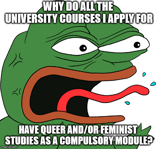 This is why I want to study abroad... | WHY DO ALL THE UNIVERSITY COURSES I APPLY FOR; HAVE QUEER AND/OR FEMINIST STUDIES AS A COMPULSORY MODULE? | image tagged in reeee,university,feminism,sjw,propaganda,lgbt | made w/ Imgflip meme maker