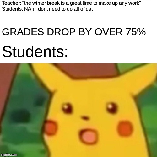 DO THE WORK | Teacher: "the winter break is a great time to make up any work"

                             Students: NAh i dont need to do all of dat; GRADES DROP BY OVER 75%; Students: | image tagged in memes,surprised pikachu,school,procrastination,winter break | made w/ Imgflip meme maker