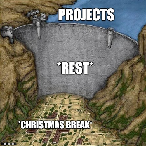 Water Dam Meme | PROJECTS; *REST*; *CHRISTMAS BREAK* | image tagged in water dam meme | made w/ Imgflip meme maker