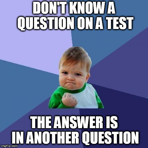 Success Kid | DON'T KNOW A QUESTION ON A TEST; THE ANSWER IS IN ANOTHER QUESTION | image tagged in memes,success kid | made w/ Imgflip meme maker