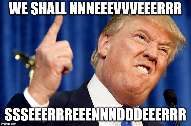 Donald Trump | WE SHALL NNNEEEVVVEEERRR; SSSEEERRREEENNNDDDEEERRR | image tagged in donald trump | made w/ Imgflip meme maker