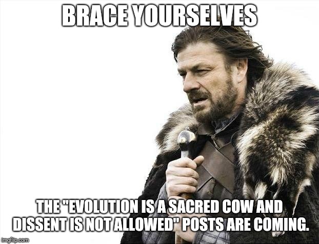 Brace Yourselves X is Coming | BRACE YOURSELVES; THE "EVOLUTION IS A SACRED COW AND DISSENT IS NOT ALLOWED" POSTS ARE COMING. | image tagged in memes,brace yourselves x is coming | made w/ Imgflip meme maker