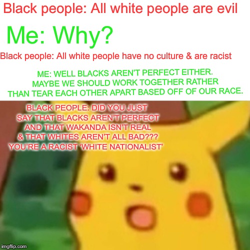 Surprised Pikachu Meme | Black people: All white people are evil; Me: Why? Black people: All white people have no culture & are racist; ME: WELL BLACKS AREN’T PERFECT EITHER. MAYBE WE SHOULD WORK TOGETHER RATHER THAN TEAR EACH OTHER APART BASED OFF OF OUR RACE. BLACK PEOPLE: DID YOU JUST SAY THAT BLACKS AREN’T PERFECT AND THAT WAKANDA ISN’T REAL & THAT WHITES AREN’T ALL BAD??? YOU’RE A RACIST ‘WHITE NATIONALIST’ | image tagged in memes,surprised pikachu | made w/ Imgflip meme maker