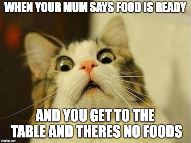 Scared Cat | WHEN YOUR MUM SAYS FOOD IS READY; AND YOU GET TO THE TABLE AND THERES NO FOODS | image tagged in memes,scared cat | made w/ Imgflip meme maker