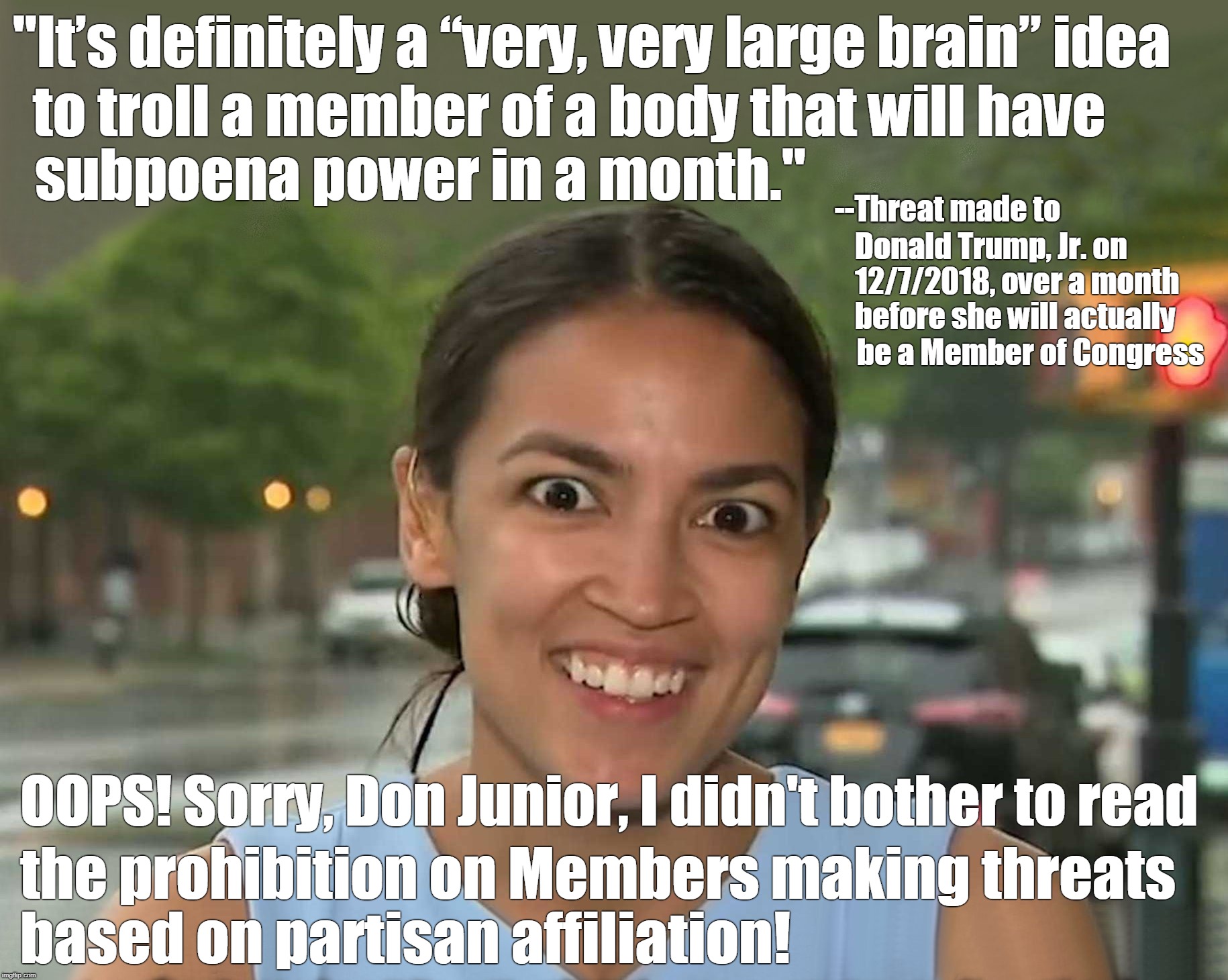 Blunder Woman, Ms. Occasional Cortex, steps in it again... | "It’s definitely a “very, very large brain” idea; to troll a member of a body that will have; subpoena power in a month."; --Threat made to; Donald Trump, Jr. on 12/7/2018, over a month before she will actually; be a Member of Congress; OOPS! Sorry, Don Junior, I didn't bother to read; the prohibition on Members making threats; based on partisan affiliation! | image tagged in alexandria ocasio-cortez,idiot socialist,half-wit | made w/ Imgflip meme maker