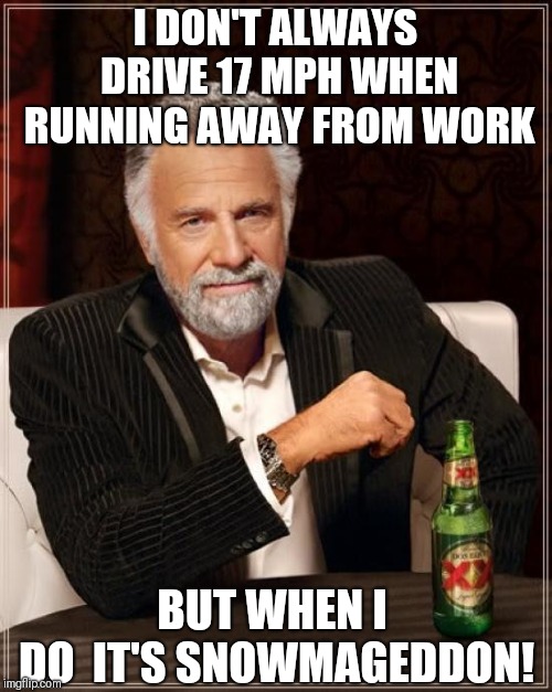 The Most Interesting Man In The World | I DON'T ALWAYS DRIVE 17 MPH WHEN RUNNING AWAY FROM WORK; BUT WHEN I DO

IT'S SNOWMAGEDDON! | image tagged in memes,the most interesting man in the world,funny memes,snow | made w/ Imgflip meme maker