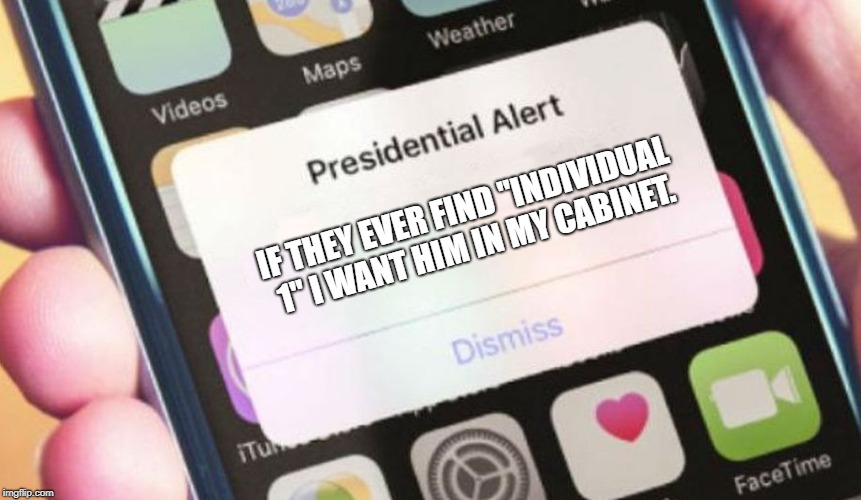 Presidential Alert | IF THEY EVER FIND "INDIVIDUAL 1" I WANT HIM IN MY CABINET. | image tagged in memes,presidential alert | made w/ Imgflip meme maker