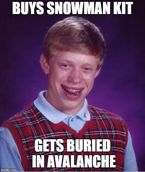 Bad Luck Brian Meme | BUYS SNOWMAN KIT GETS BURIED IN AVALANCHE | image tagged in memes,bad luck brian | made w/ Imgflip meme maker