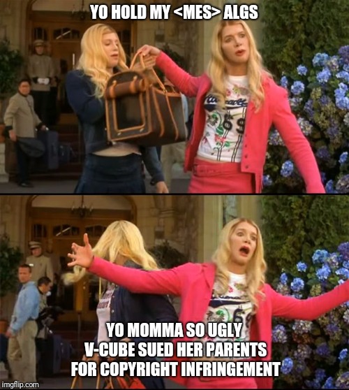 Hold my Poodle | YO HOLD MY <MES> ALGS; YO MOMMA SO UGLY V-CUBE SUED HER PARENTS FOR COPYRIGHT INFRINGEMENT | image tagged in hold my poodle | made w/ Imgflip meme maker