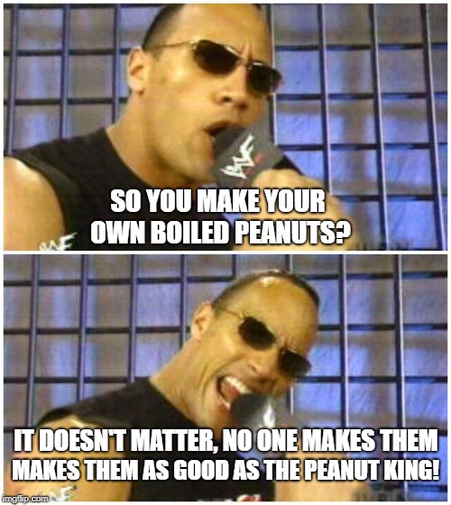 The Rock It Doesn't Matter | SO YOU MAKE YOUR OWN BOILED PEANUTS? IT DOESN'T MATTER, NO ONE MAKES THEM; MAKES THEM AS GOOD AS THE PEANUT KING! | image tagged in memes,the rock it doesnt matter | made w/ Imgflip meme maker