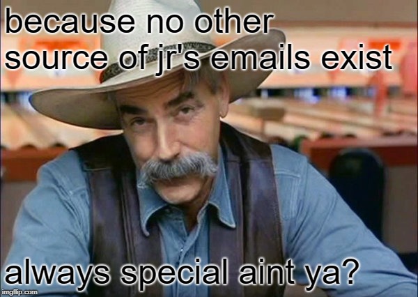 Sam Elliott special kind of stupid | because no other source of jr's emails exist always special aint ya? | image tagged in sam elliott special kind of stupid | made w/ Imgflip meme maker