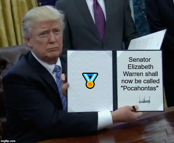 Trump Bill Signing Meme | 🏅; Senator Elizabeth Warren shall now be called "Pocahontas" | image tagged in memes,trump bill signing | made w/ Imgflip meme maker