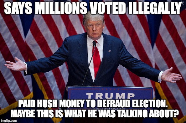 Donald Trump | SAYS MILLIONS VOTED ILLEGALLY; PAID HUSH MONEY TO DEFRAUD ELECTION. 
MAYBE THIS IS WHAT HE WAS TALKING ABOUT? | image tagged in donald trump | made w/ Imgflip meme maker