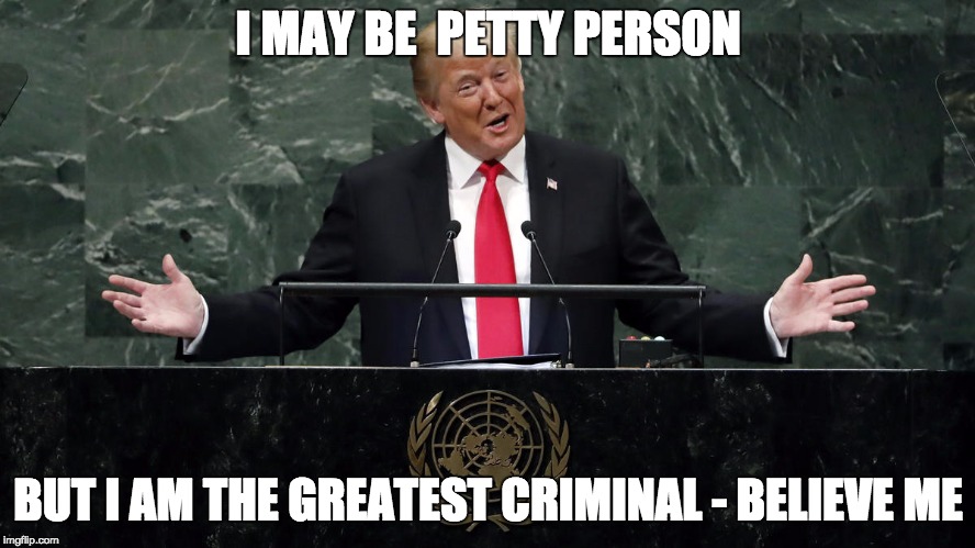 Petty Person / Greatest Criminal | I MAY BE  PETTY PERSON; BUT I AM THE GREATEST CRIMINAL - BELIEVE ME | image tagged in laughing stock,memes,trump,criminal,lock him up | made w/ Imgflip meme maker