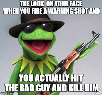 kermit-gun | THE LOOK  ON YOUR FACE WHEN YOU FIRE A WARNING SHOT AND; YOU ACTUALLY HIT THE BAD GUY AND KILL HIM | image tagged in kermit-gun,warning shot,bad guy,2nd amendment | made w/ Imgflip meme maker