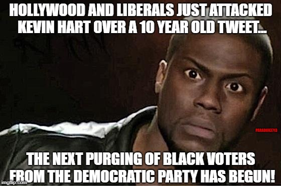 Hollywood and Liberals attack Kevin Hart | HOLLYWOOD AND LIBERALS JUST ATTACKED KEVIN HART OVER A 10 YEAR OLD TWEET... PARADOX3713; THE NEXT PURGING OF BLACK VOTERS FROM THE DEMOCRATIC PARTY HAS BEGUN! | image tagged in memes,kevin hart,hollywood,liberals,democrats,twitter | made w/ Imgflip meme maker