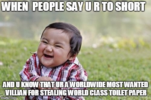 Evil Toddler Meme | WHEN  PEOPLE SAY U R TO SHORT; AND U KNOW THAT UR A WORLDWIDE MOST WANTED VILLIAN FOR STEALING WORLD CLASS TOILET PAPER | image tagged in memes,evil toddler | made w/ Imgflip meme maker