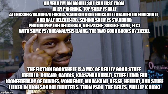 Roll Safe Think About It Meme | OH YEAH I’M ON MOBILE SO I CAN JUST ZOOM IN BY PINCHING. TOP SHELF IS HALF ALTHUSSER/BADIOU/DERRIDA/BAUDRILLARD/FOUCAULT (HEAVIER ON FOUCAULT), AND HALF DELEUZE420. SECOND SHELF IS STANDARD PHILOSOPHY (HEIDEGGERIAN, NIETZSCHE, SARTRE, KANT, ETC) WITH SOME PSYCHOANALYSIS (LAING, THE TWO GOOD BOOKS BY ZIZEK). THE FICTION BOOKSHELF IS A MIX OF REALLY GOOD STUFF (DELILLO, BOLANO, GADDIS, KRASZNAHORKAI), STUFF I FIND FUN (CONFEDERACY OF DUNCES, VONNEGUT, MURAKAMI, HESSE, HELLER), AND STUFF I LIKED IN HIGH SCHOOL (HUNTER S. THOMPSON, THE BEATS, PHILLIP K DICK) | image tagged in memes,roll safe think about it | made w/ Imgflip meme maker