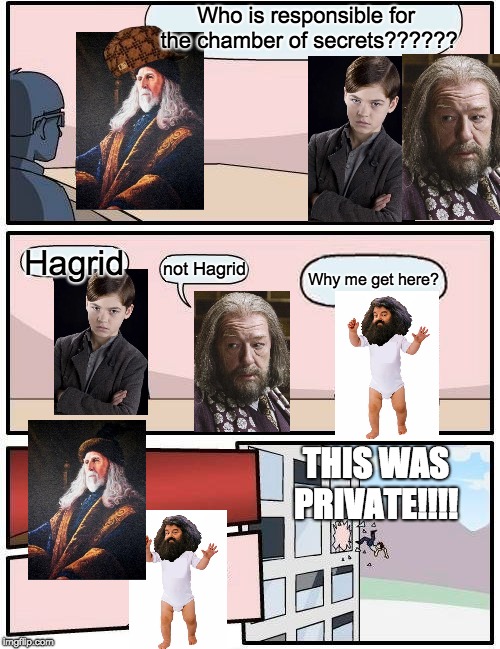 Boardroom Meeting Suggestion Meme | Who is responsible for the chamber of secrets?????? Hagrid; not Hagrid; Why me get here? THIS WAS PRIVATE!!!! | image tagged in memes,boardroom meeting suggestion,scumbag | made w/ Imgflip meme maker