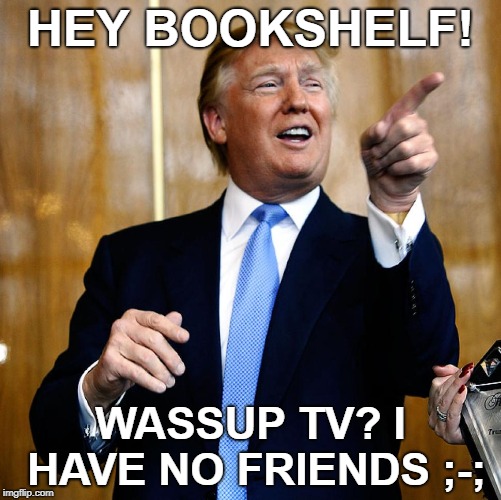 Donal Trump Birthday | HEY BOOKSHELF! WASSUP TV? I HAVE NO FRIENDS ;-; | image tagged in donal trump birthday | made w/ Imgflip meme maker
