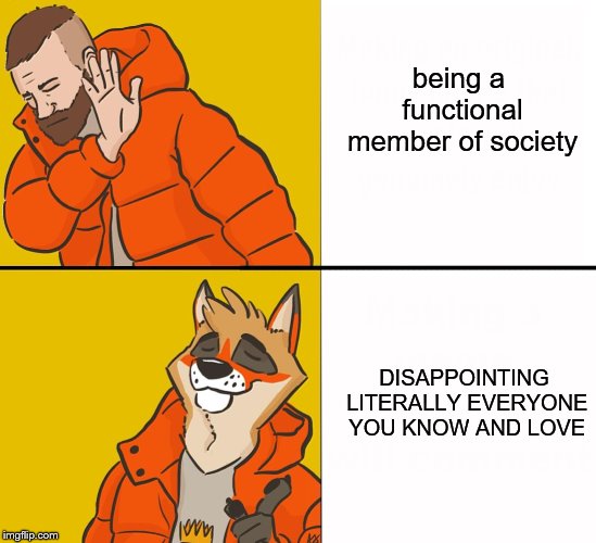 Damn it feels good to be furry | being a functional member of society; DISAPPOINTING LITERALLY EVERYONE YOU KNOW AND LOVE | image tagged in furry drake,memes,furry | made w/ Imgflip meme maker