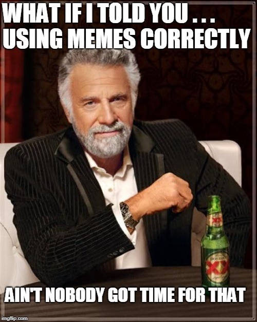 The Most Interesting Man In The World Meme | WHAT IF I TOLD YOU . . .         USING MEMES CORRECTLY AIN'T NOBODY GOT TIME FOR THAT | image tagged in memes,the most interesting man in the world | made w/ Imgflip meme maker