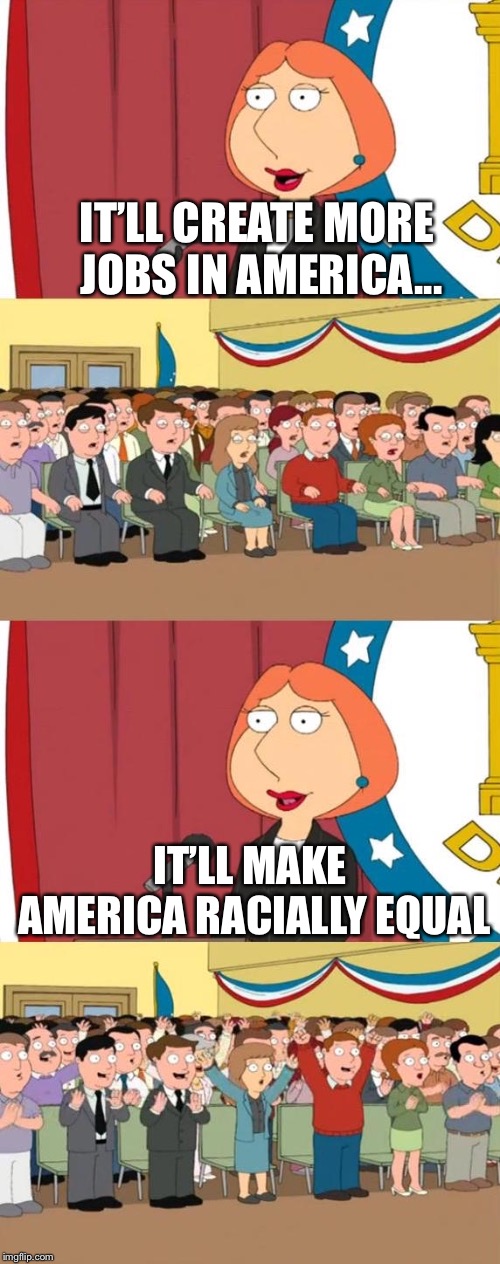 Lois Griffin Family Guy | IT’LL CREATE MORE JOBS IN AMERICA... IT’LL MAKE AMERICA RACIALLY EQUAL | image tagged in lois griffin family guy | made w/ Imgflip meme maker