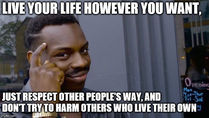 Roll Safe Think About It Meme | LIVE YOUR LIFE HOWEVER YOU WANT, JUST RESPECT OTHER PEOPLE'S WAY, AND DON'T TRY TO HARM OTHERS WHO LIVE THEIR OWN | image tagged in memes,roll safe think about it | made w/ Imgflip meme maker